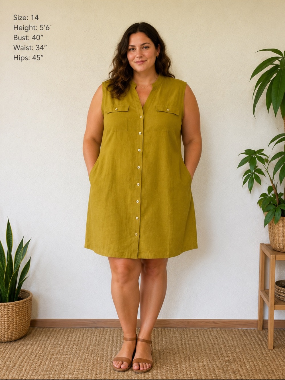 Sleeveless Button-Front Dress with pockets in Olive, 100 % Linen Size 14